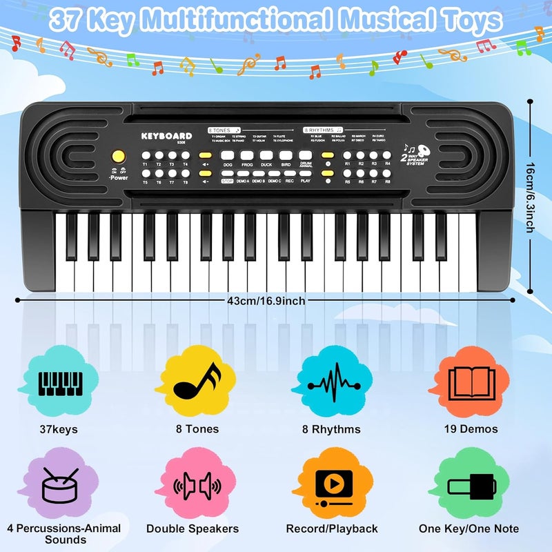 TWFRIC Kids Toddler Toy Piano Keyboard, 37 Key Pianos for Kid Music Toys Instruments with Microphone Dual Speaker Ideal for 3 4 5 6 7 8 Year Old Girl Boy Birthday/Christmas Day Gift (Black) - Image 2